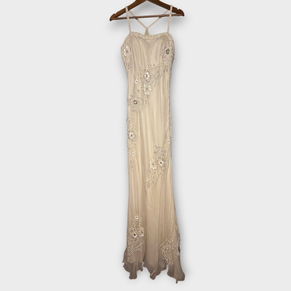 VTG Scala Silk Slip Dress Wedding Formal Beads Sequins Embroidery Ivory Sz Large - Picture 5 of 16